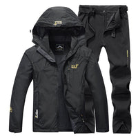 Men's black fishing suit with hooded jacket and matching pants by Ancient Energy.