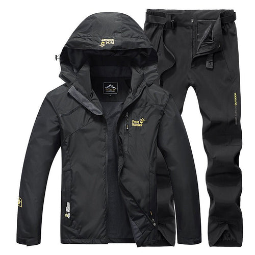 Men's black fishing suit with hooded jacket and matching pants by Ancient Energy.