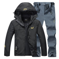 Men's two-piece fishing suit set: black hooded jacket and blue-gray pants, Ancient Energy.