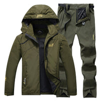 Men's fishing suit, olive green two-piece jacket with hood and pants by Ancient Energy.