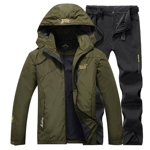 Ancient Energy men's fishing suit: olive green jacket with hood and matching black pants
