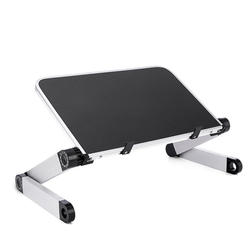 Foldable laptop stand with aluminum frame and black top; adjustable height and tilt, Ancient Energy.