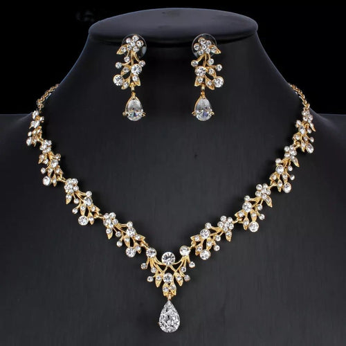 Golden Zircon Jewelry Set Bridal Necklace Earrings Wedding Two - piece Set - MANDOTOS INTERNATIONAL0