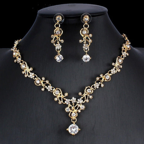 Golden Zircon Jewelry Set Bridal Necklace Earrings Wedding Two - piece Set - MANDOTOS INTERNATIONAL0