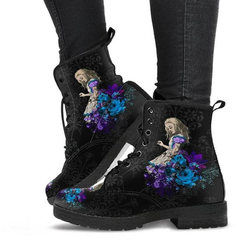 Gothic Print Vegan Leather Combat Boots by Ancient Energy; black lace-up boots with blue and purple floral graphic
