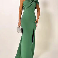 Green Bow Tube Top Evening Dress by Ancient Energy; one-shoulder neckline with twisted bow and thigh-high slit.