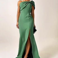 Green Bow Tube Top Evening Dress with one-shoulder bow detail and front slit