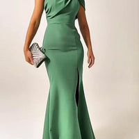 Green Bow Tube Top Evening Dress with bow-shoulder detail, satin finish, front slit.