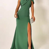 Green Bow Tube Top Evening Dress; one-shoulder design with thigh-high slit.
