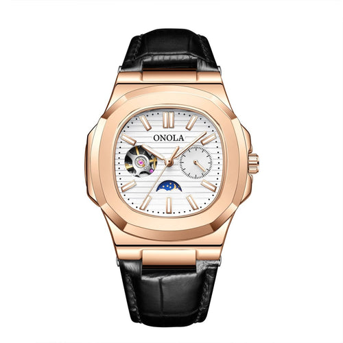 Mechanical watch from ONOLA with rose-gold case, sun-moon-stars dial, black leather strap.
