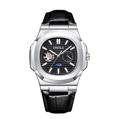 ONOLA mechanical watch with black striped dial, open-heart, moon phase, stainless steel case, and black leather strap