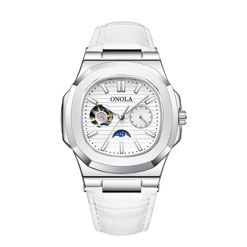 ONOLA mechanical watch with sun moon and stars dial, white dial, white leather strap, silver case