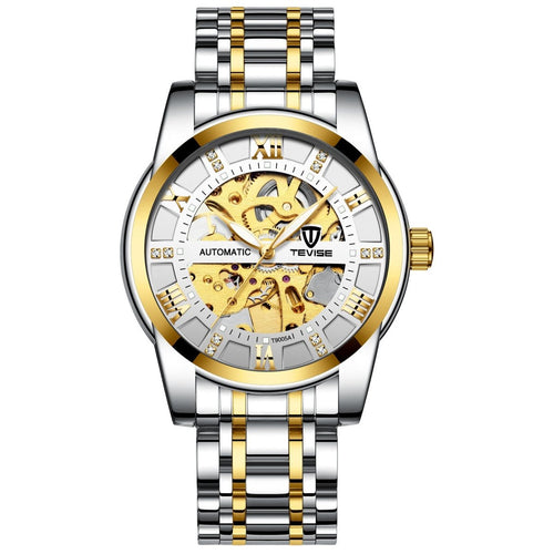 Mechanical skeleton watch with a two-tone gold and silver hollowed-out steel bracelet TEVISE automatic