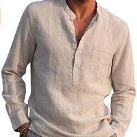 Men's vintage white linen shirt with button front by Ancient Energy, shown on a model with a casual, relaxed fit.