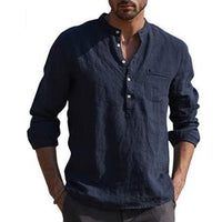 Men's vintage white linen shirt with button closure by Ancient Energy, showcasing a classic, relaxed fit and breathable fabric.
