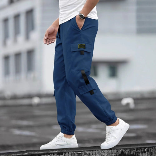 Mens Retro Jogger Casual Work Pants, blue cargo joggers thigh pocket and drawstring waist, elastic cuffs, Ancient Energy