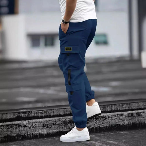 Mens Retro Jogger Casual Work Pants by Ancient Energy, navy blue cargo joggers with side pockets and zip cuffs