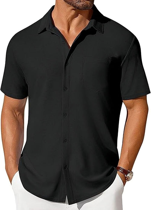 Men's black short-sleeve button-up wrinkle- and crease-resistant shirt by Ancient Energy