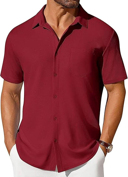 Men's short-sleeve button-up shirt in burgundy, wrinkle-resistant fabric with chest pocket