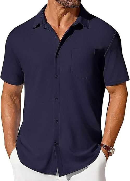 Men's short-sleeve button-up shirt, navy, with wrinkle- and crease-resistant fabric.