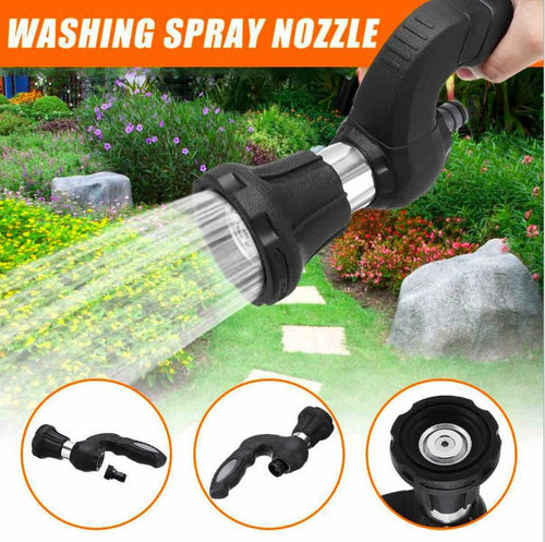 Ancient Energy Mighty Power Hose Blaster Nozzle for lawn, garden, and car washing, adjustable water spray in use.