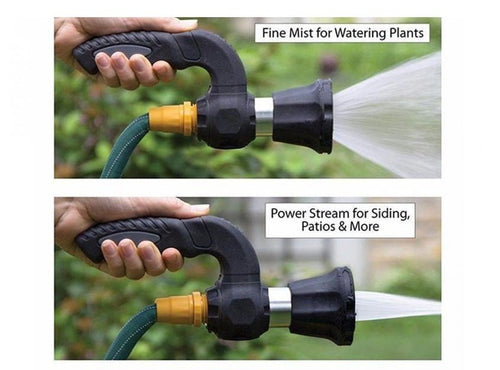 Ancient Energy Mighty Power Hose Blaster Nozzle for lawn, garden, and car washing, attached to a garden hose with water spraying out