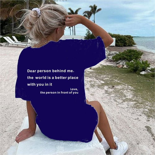 Ancient Energy women's letter T-shirt with round neck, short sleeves, featuring a slogan design on soft cotton fabric.