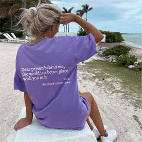 Ancient Energy women's letter T-shirt with round neck, short sleeves, featuring a slogan design on soft fabric.