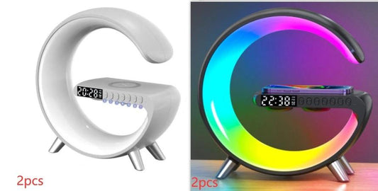 Ancient Energy G-shaped LED lamp with Bluetooth speaker, wireless charger, and app control, ideal for bedroom and home decor.