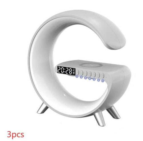 Ancient Energy G-shaped LED lamp with Bluetooth speaker, wireless charger, and app control, perfect for bedroom or home decor.