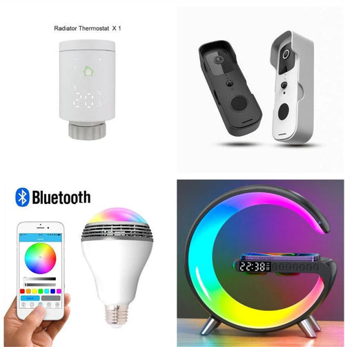 Ancient Energy G-shaped LED lamp with Bluetooth speaker, wireless charger, and app control, perfect for bedroom or home decor.