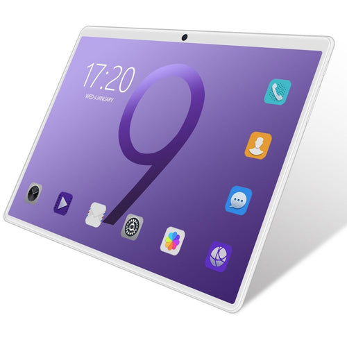 New 10-inch tablet PC with white bezel, front camera, and purple display showing app icons on the home screen.