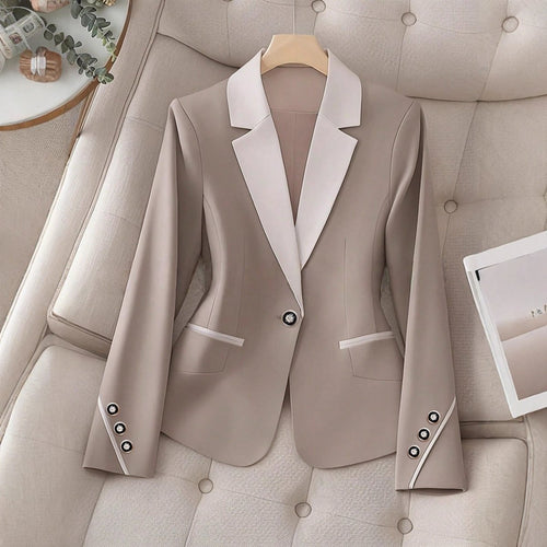Professional Contrasting-Color Button Elegant Formal Blazer by Ancient Energy, beige with white lapels