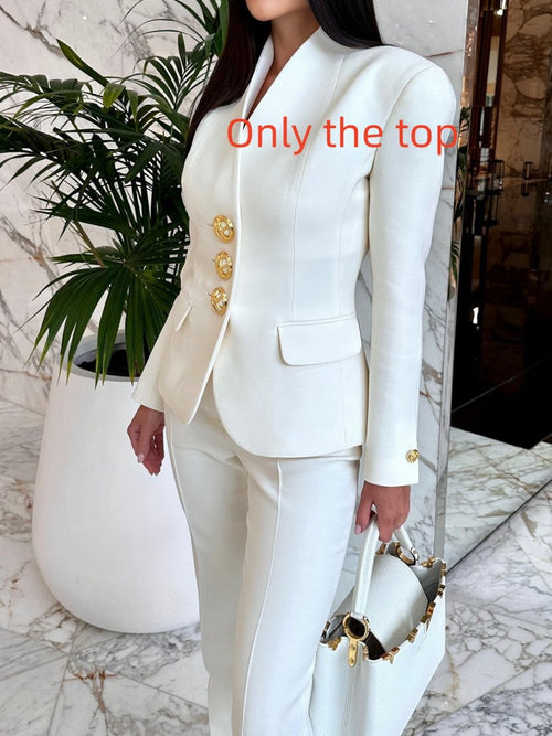 Solid white blazer and high-waisted pants set with gold buttons by Ancient Energy