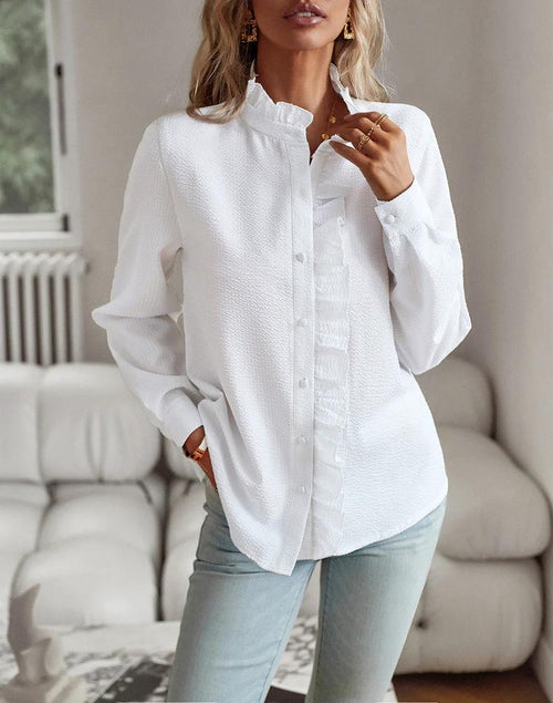 Ancient Energy striped long sleeve shirt for women with ruffle detail, button-up casual blouse suitable for office and commuting.