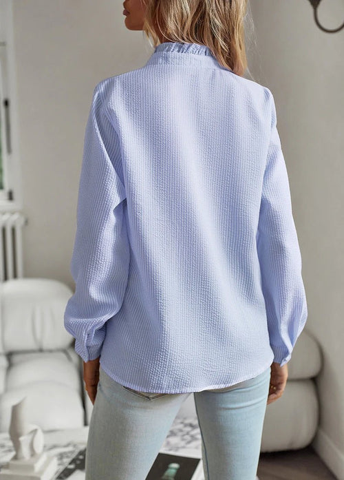 Ancient Energy striped long sleeve women's blouse with ruffle design, button-up front, suitable for casual office or commuting.