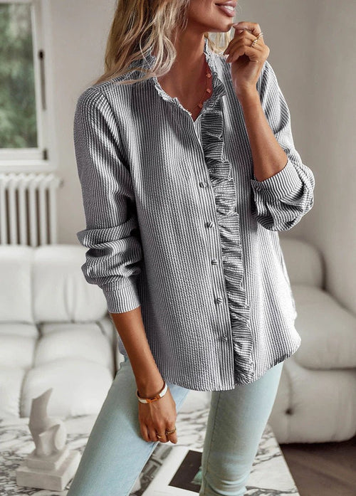 Ancient Energy women's striped long sleeve shirt with ruffle design, button-up casual blouse for office and commuting.