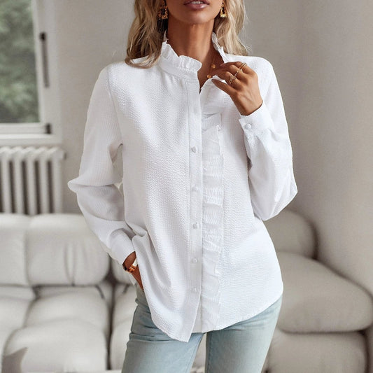 Ancient Energy women's striped long sleeve shirt with ruffle details, button-up casual office blouse for elegant commuting style.