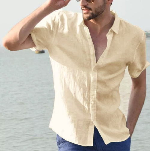 Summer short-sleeved men's shirt by Ancient Energy, beige linen-style fabric, casual button-down