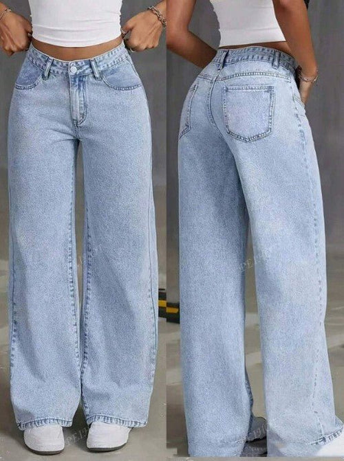 Women's Sweet And Spicy Style High-Waist Straight Jeans by Ancient Energy, light-wash denim with front and back views.