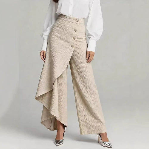 Ancient Energy women's beige straight-leg pants with asymmetrical ruffle overwrap and button front