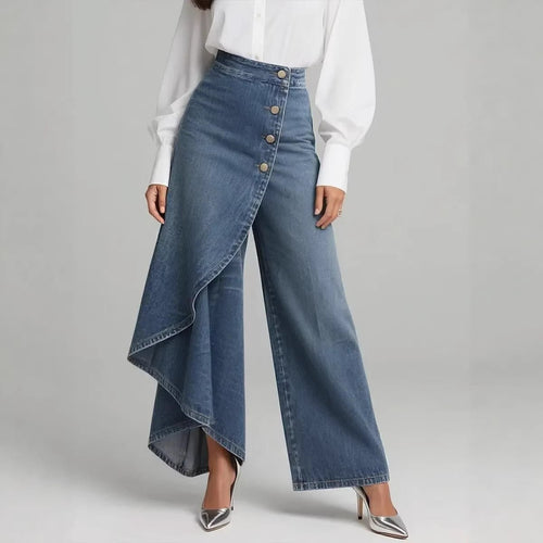 Ancient Energy women's denim wrap-front wide-leg pants with button row, blue wash