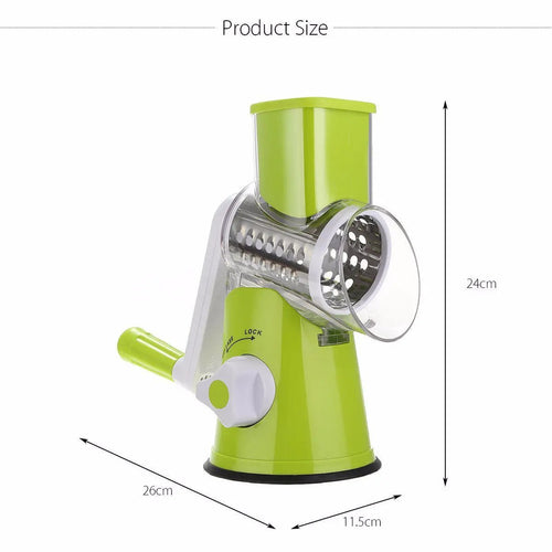 Ancient Energy round vegetable cutter and mandoline slicer with julienne and grater attachments for potatoes, carrots, cheese, and more.
