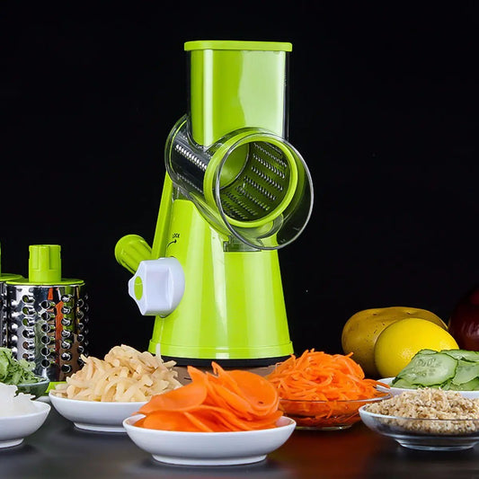Ancient Energy round vegetable cutter and mandoline slicer with julienne blades for potatoes, carrots, cheese, and grating tasks.