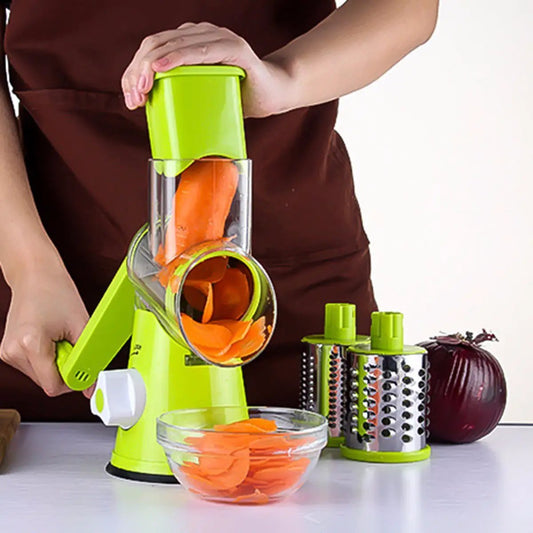 Ancient Energy round vegetable cutter and mandoline slicer for julienne potatoes, carrots, cheese, and other vegetables.