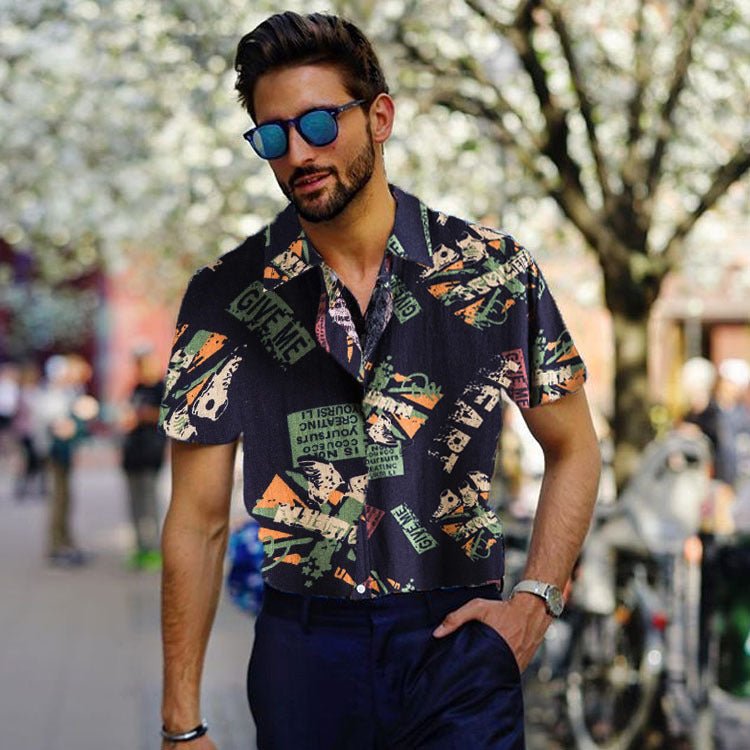 Vintage letter print men's casual short sleeve shirt with turn-down collar from Ancient Energy, featuring a loose fit and streetwear style.