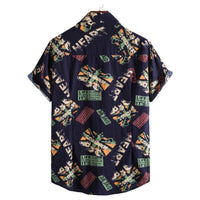 Vintage letter print men's casual short sleeve turn-down collar shirt by Ancient Energy, loose fit, summer streetwear style.