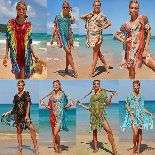 Women's Knitted Colorful Striped Beach Blouse - MANDOTOS INTERNATIONAL0