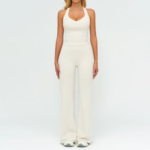 Womens Yoga Set cream sleeveless V-neck top and wide-leg pants, 2-piece