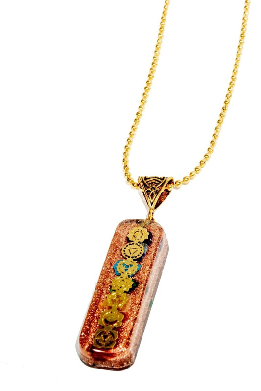 7 chakra Orgone copper pendant with chain from Ancient Energy, featuring colorful chakra stones and detailed copper design.